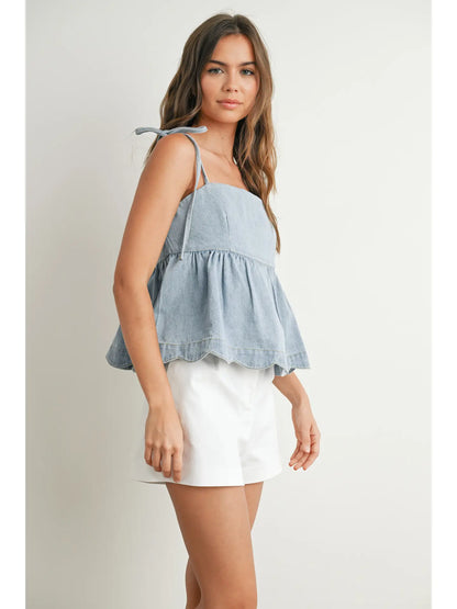 Denim Tie-Strap Peplum Top
