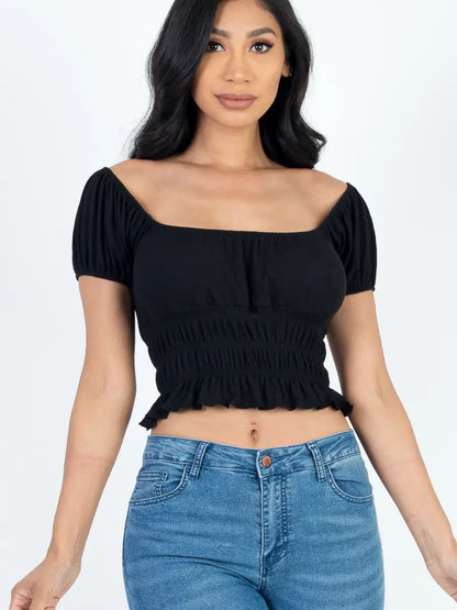 Casual Ruched Puff Sleeve Ribbed Knit Solid Top