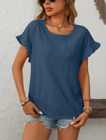 Solid Color Crewneck Sweet Short-Sleeve Hollow-Out Top