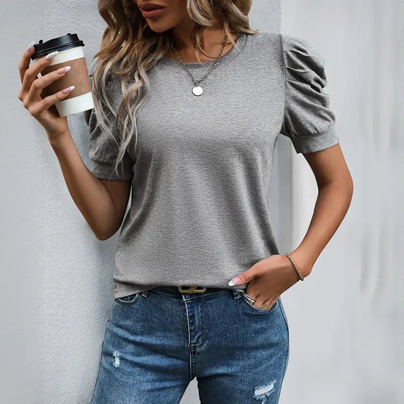 Casual Solid Puff Sleeve Pullover T-Shirt