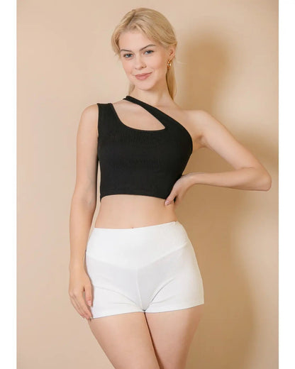Ribbed One Shoulder Cross Strap Crop Top