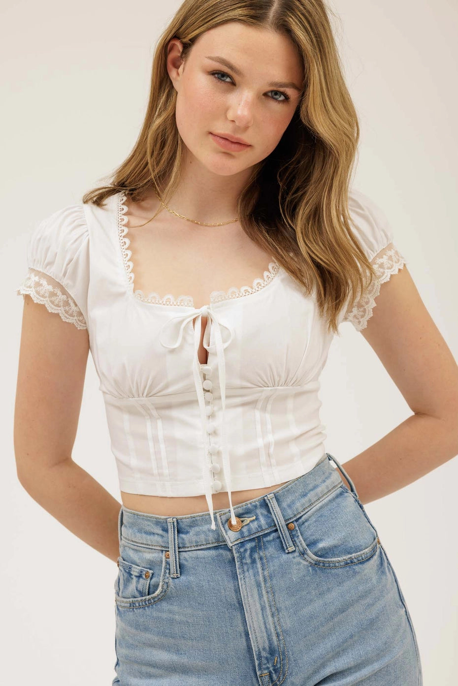 Lace Trim Button Down Front Tie Crop Top