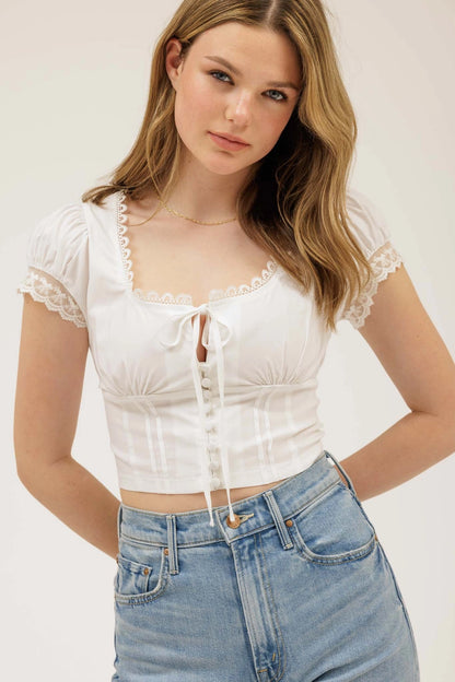 Lace Trim Button Down Front Tie Crop Top