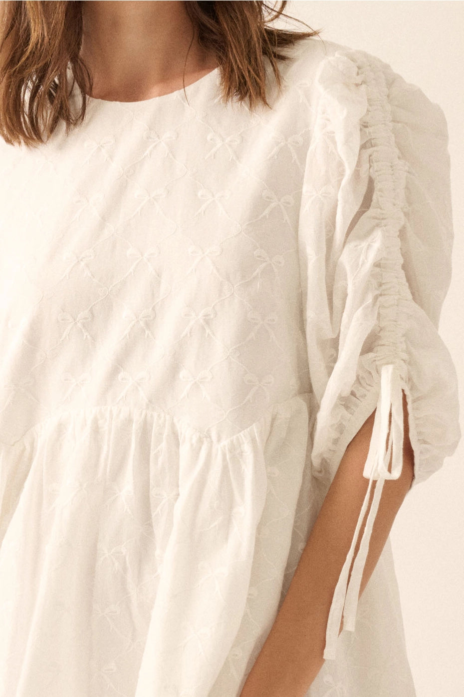 Bow-Embroidered Ruched-Sleeve Babydoll Mini Dress