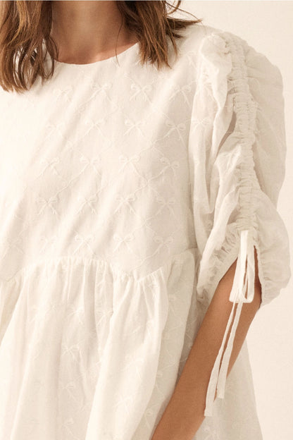 Bow-Embroidered Ruched-Sleeve Babydoll Mini Dress