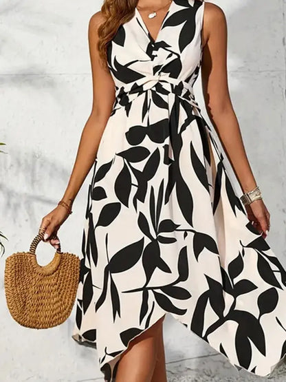LEAF Print Kink Irregular Midi Dress