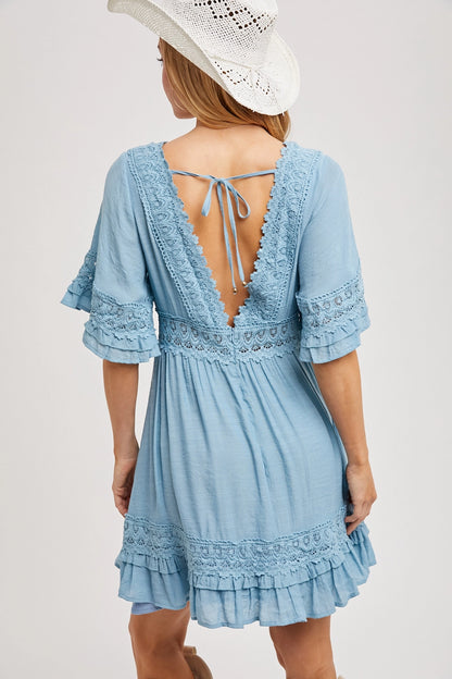 V-Neck Lace Dress - Open Back with Tie Detail