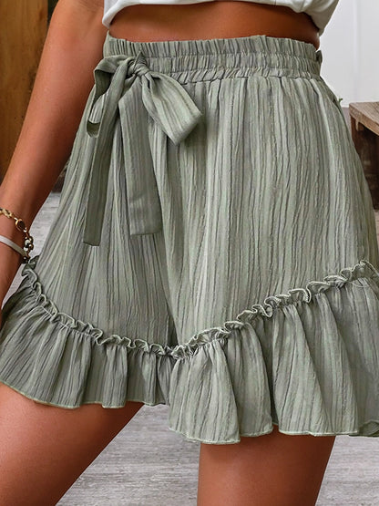 Textured Tie Waist Ruffle Hem Shorts