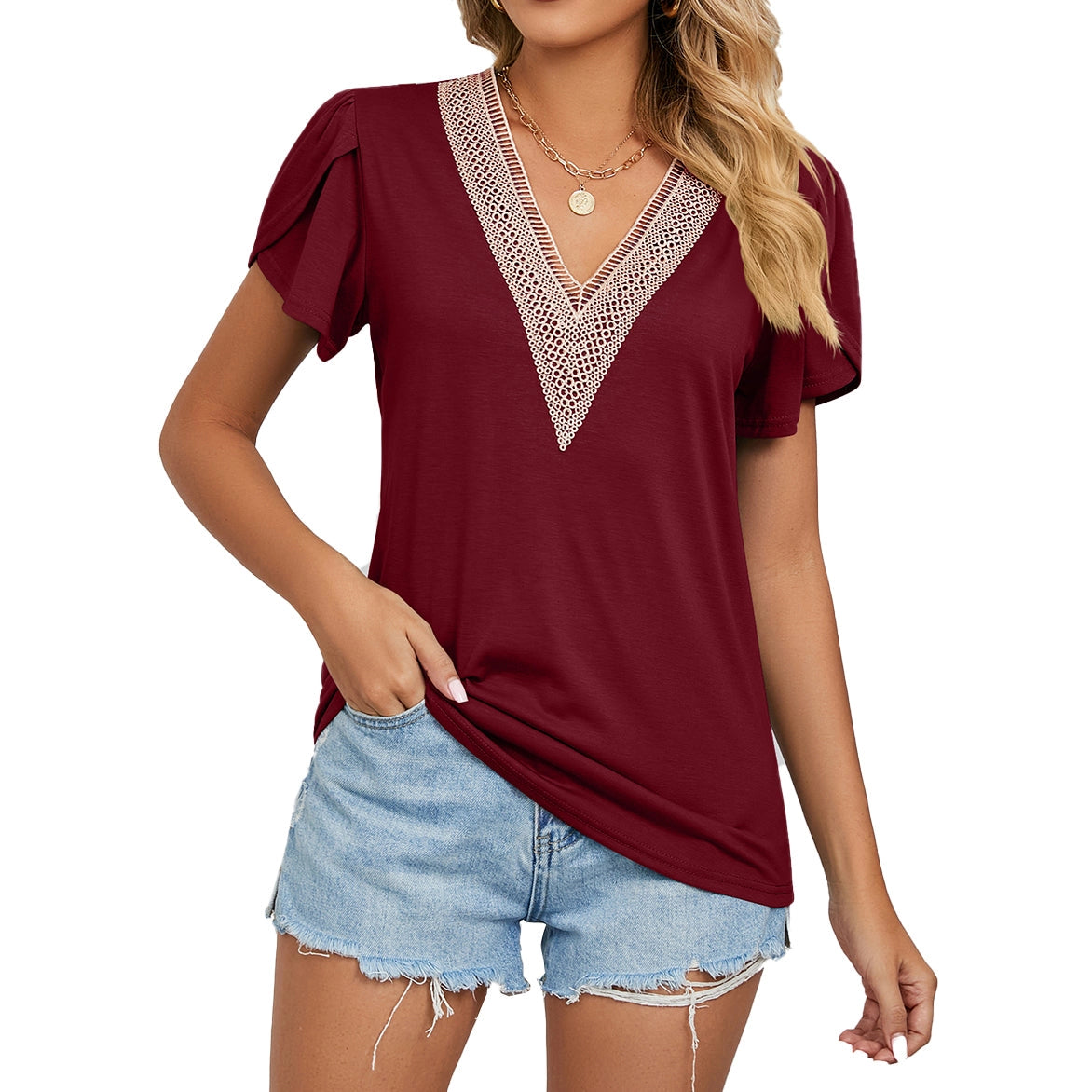 Gold Lace V-Neck Tile Short Sleeve Solid Color T-Shirt Top
