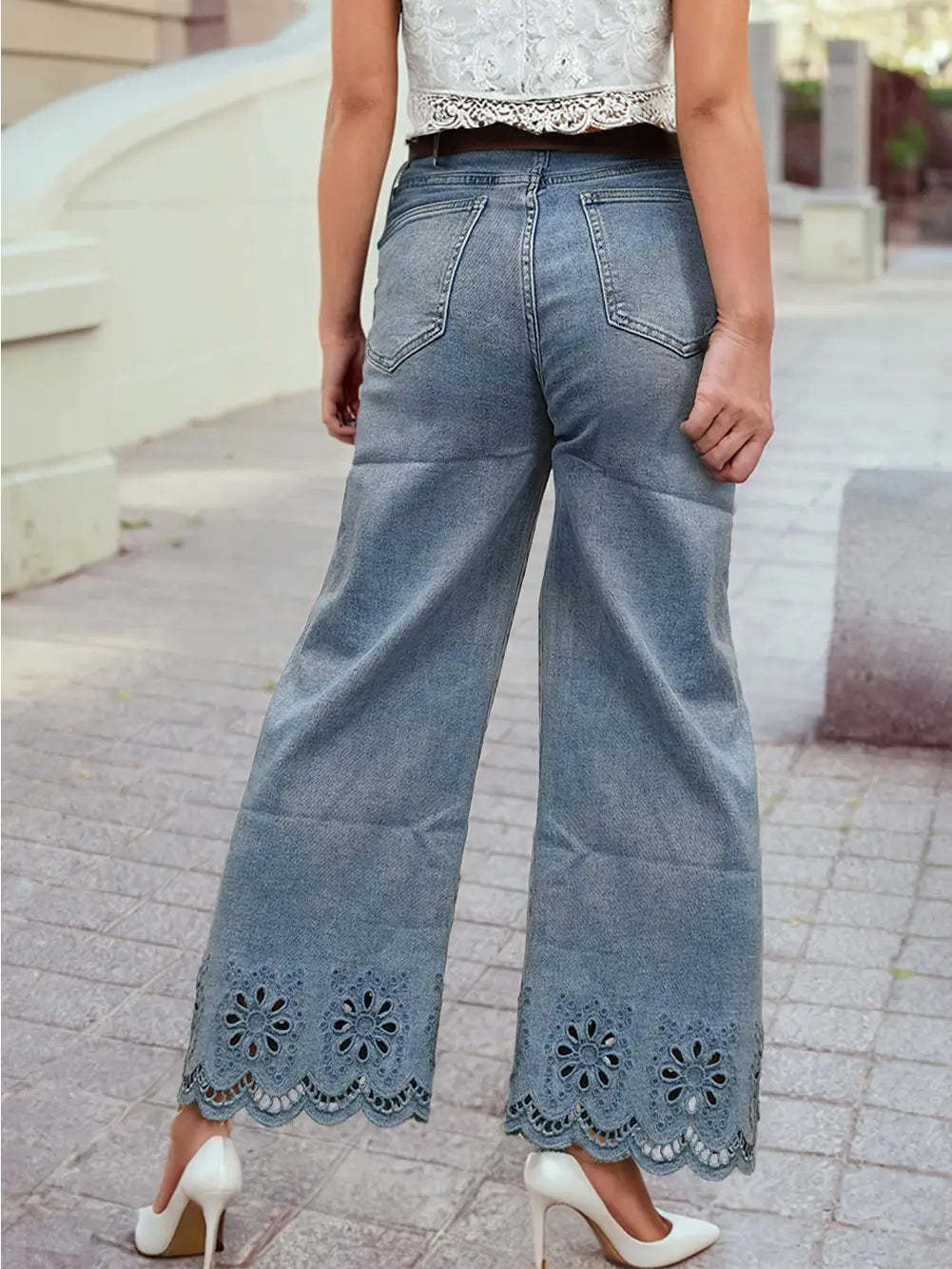 Embroidered Cropped Wide Leg High Waist Jeans