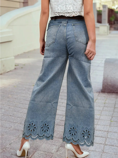 Embroidered Cropped Wide Leg High Waist Jeans