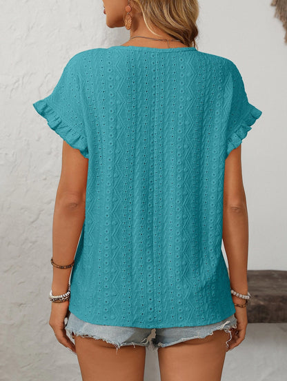 Solid Color Crewneck Sweet Short-Sleeve Hollow-Out Top
