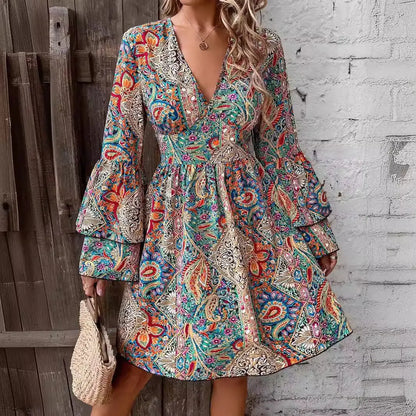 Floral Printed Flare Sleeves V Neck Dress