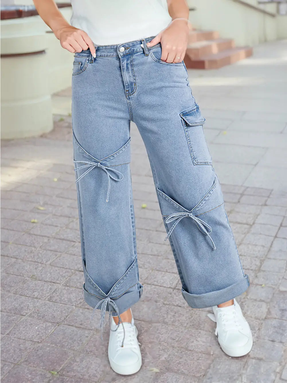 Bowknot Decor Boyfriend Cargo Jeans