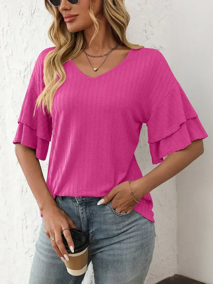 Solid V-Neck Ruffle Sleeve Short-Sleeve Top