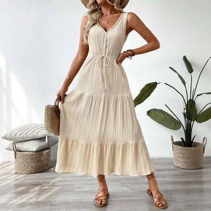 Textured Sleeveless Midi Dress Casual Flowy Vacation Look