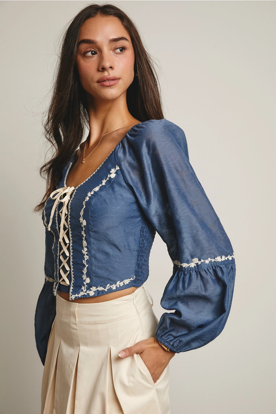 Lace-Up Embroidered Puff Sleeve Top
