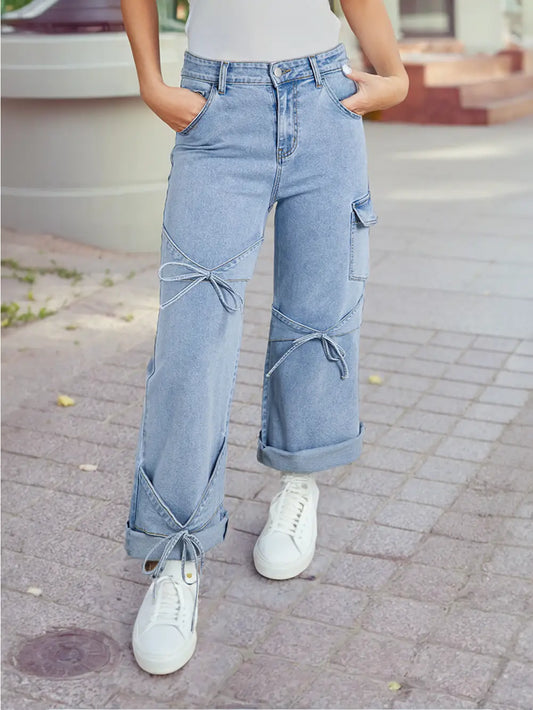 Bowknot Decor Boyfriend Cargo Jeans