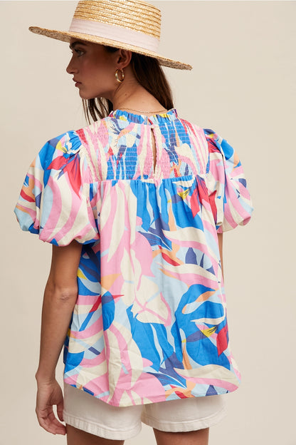 Smocked Puff-Sleeve Top