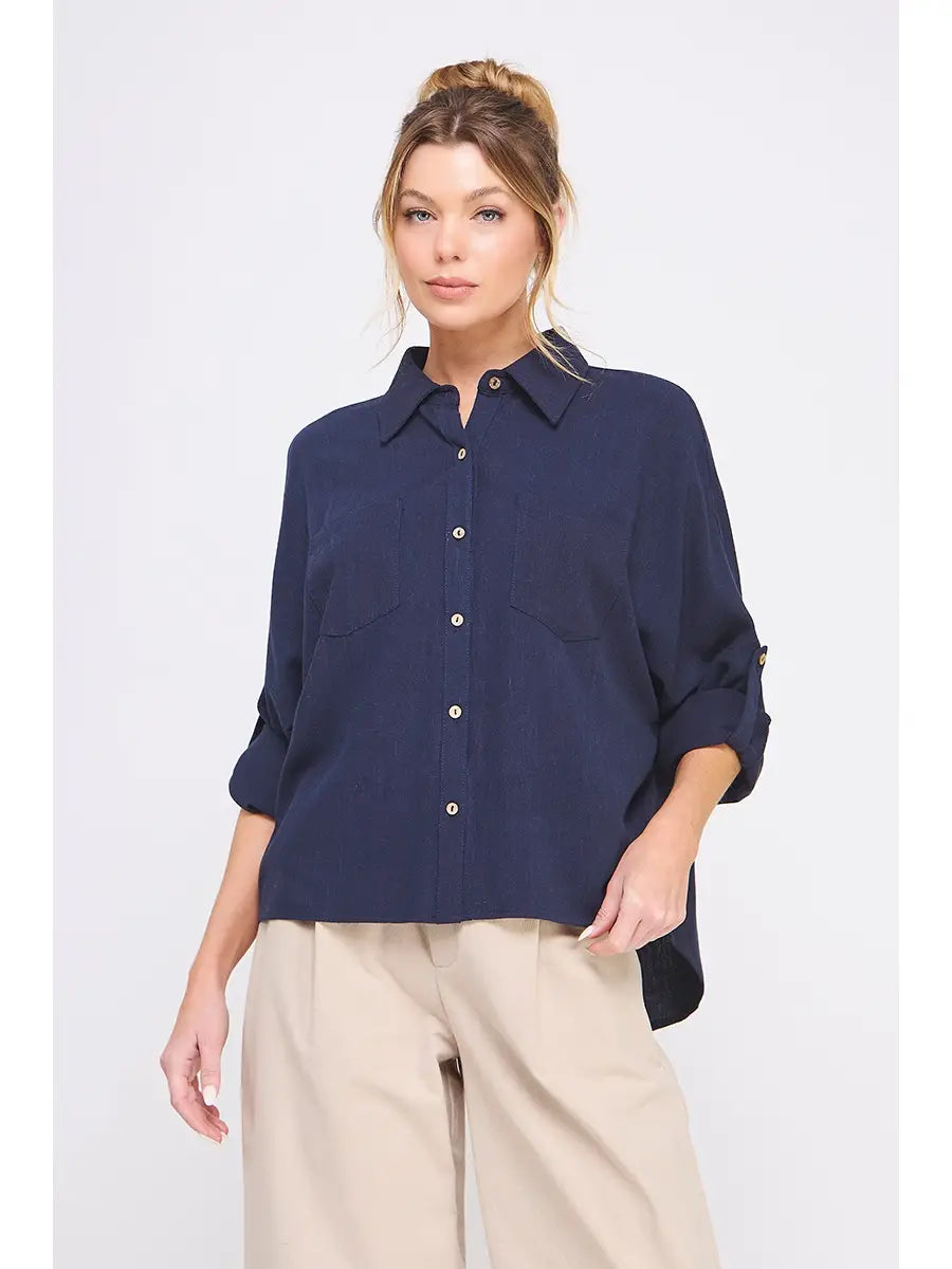Linen Blend Dolman Button Front Shirt