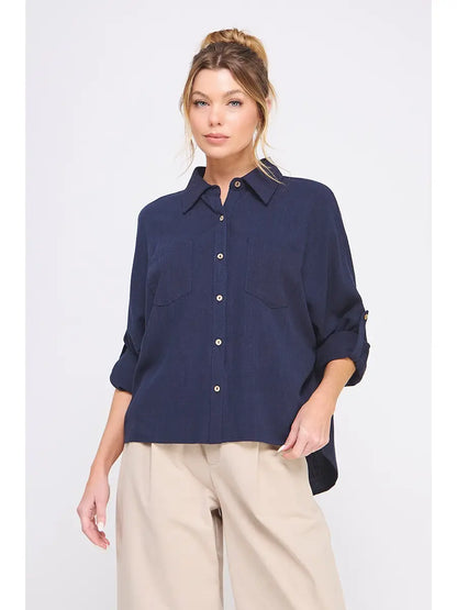 Linen Blend Dolman Button Front Shirt