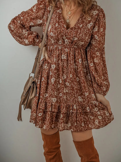 Brown Boho Floral Ruffled Puff Sleeve V Neck Mini Dress