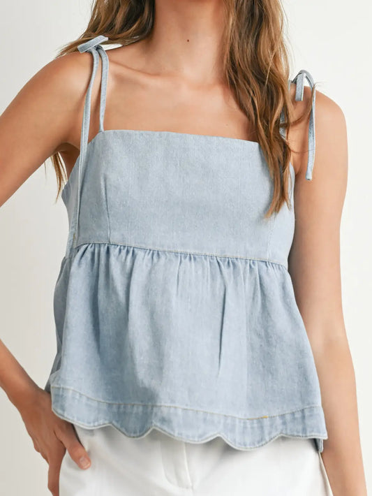 Denim Tie-Strap Peplum Top