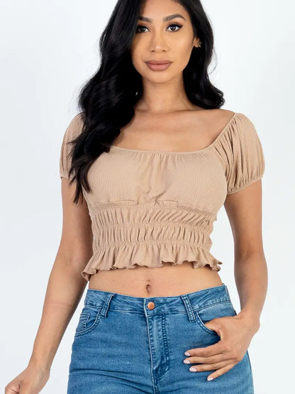 Casual Ruched Puff Sleeve Ribbed Knit Solid Top