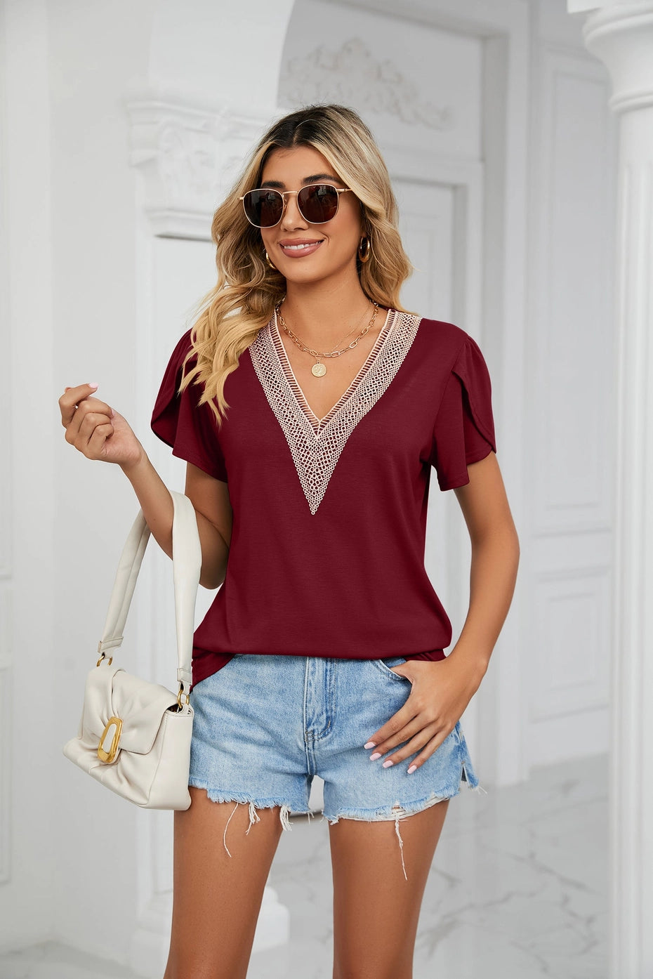 Gold Lace V-Neck Tile Short Sleeve Solid Color T-Shirt Top