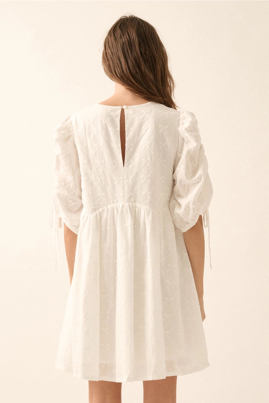Bow-Embroidered Ruched-Sleeve Babydoll Mini Dress
