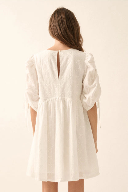 Bow-Embroidered Ruched-Sleeve Babydoll Mini Dress