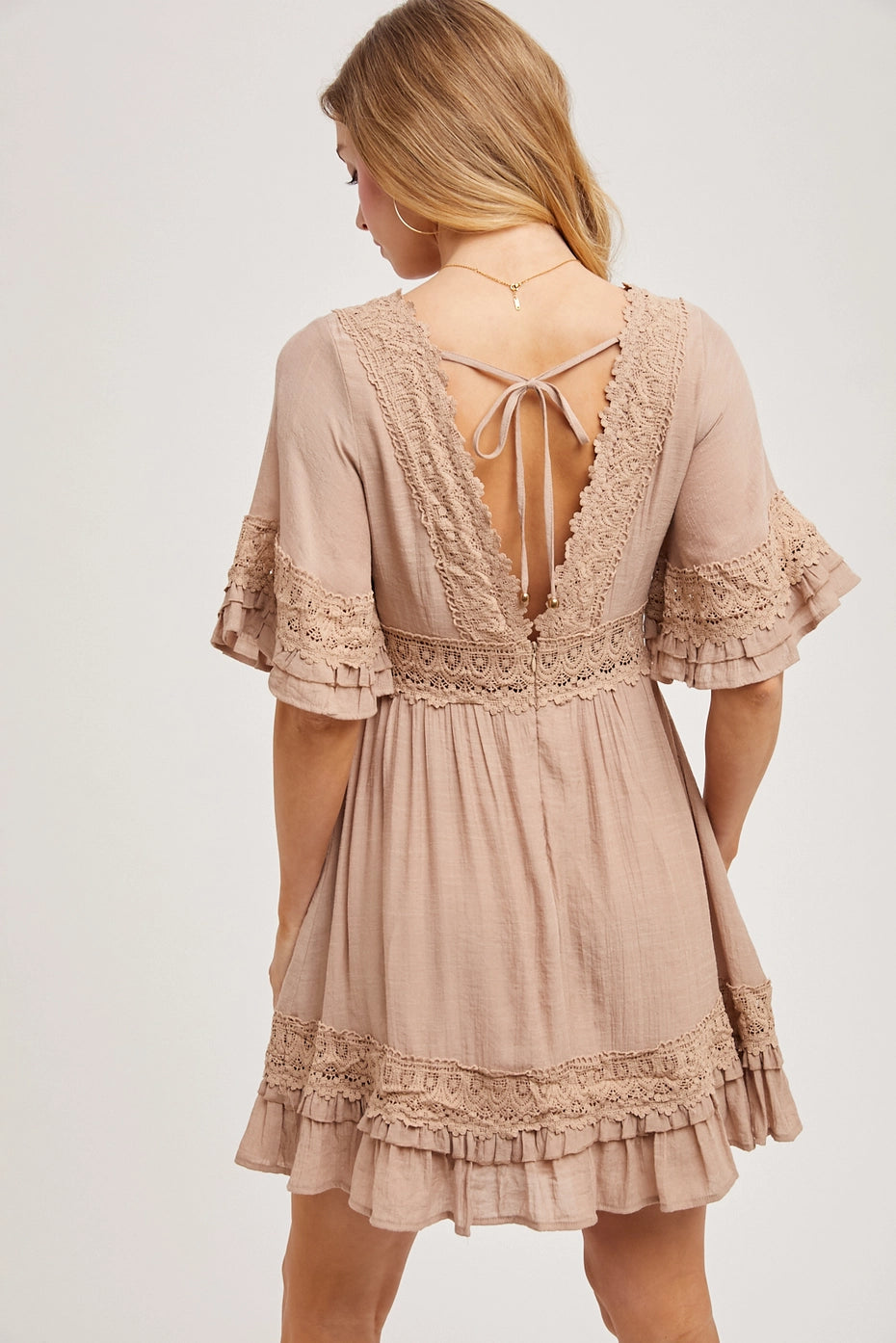 V-Neck Lace Dress - Open Back with Tie Detail