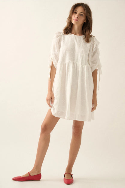 Bow-Embroidered Ruched-Sleeve Babydoll Mini Dress