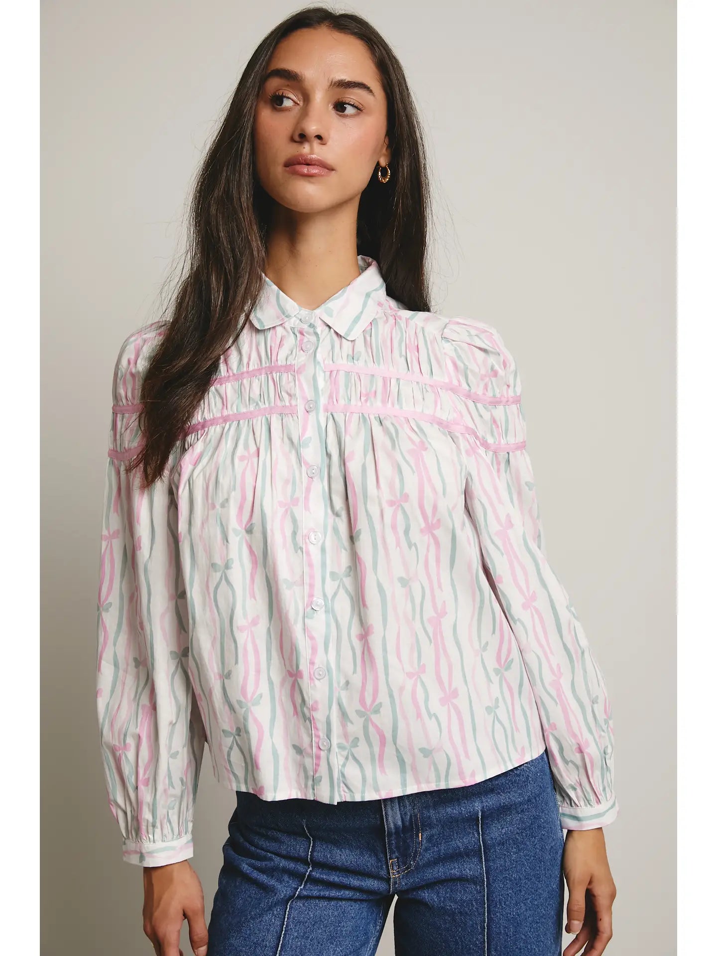 Ribbon Stripe Puff Sleeve Blouse