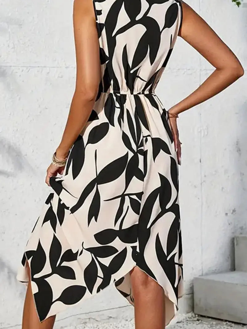 LEAF Print Kink Irregular Midi Dress