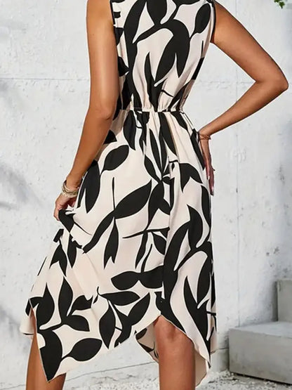 LEAF Print Kink Irregular Midi Dress