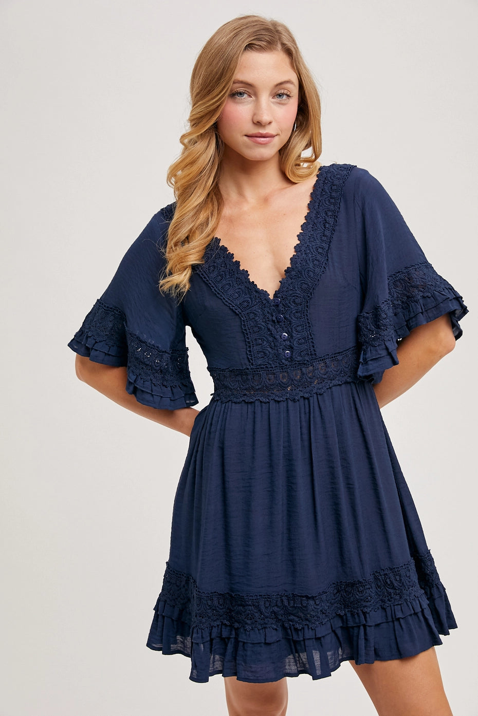 V-Neck Lace Dress - Open Back with Tie Detail