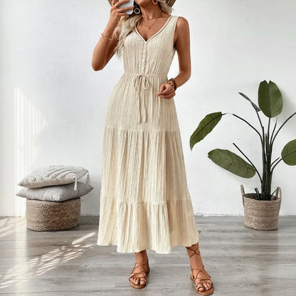 Textured Sleeveless Midi Dress Casual Flowy Vacation Look