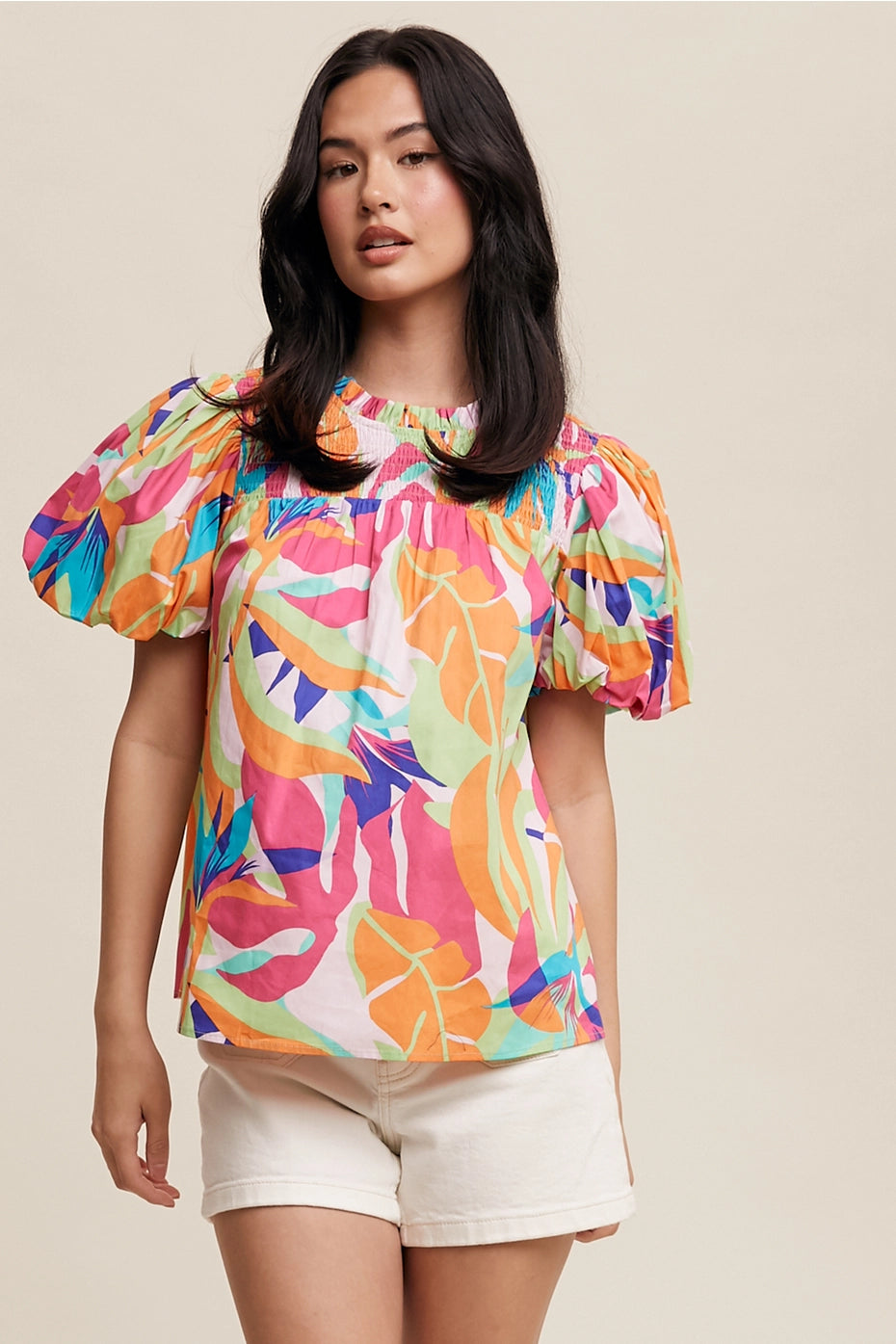 Smocked Puff-Sleeve Top