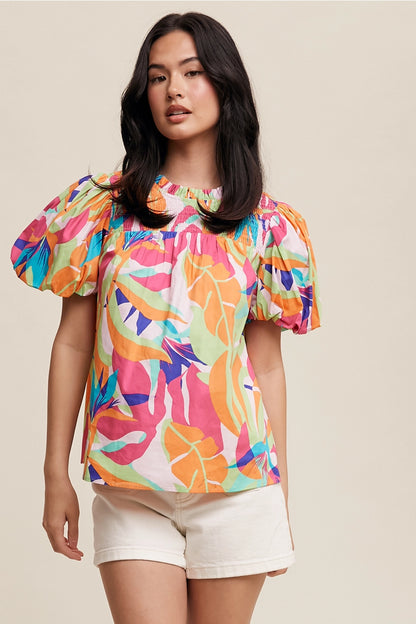 Smocked Puff-Sleeve Top