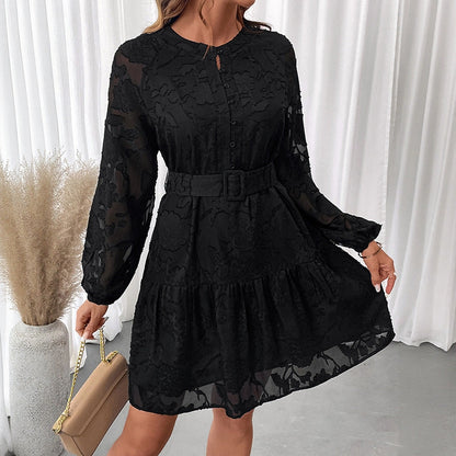 Elegant Black Jacquard Long Sleeve Belted Mini Dress