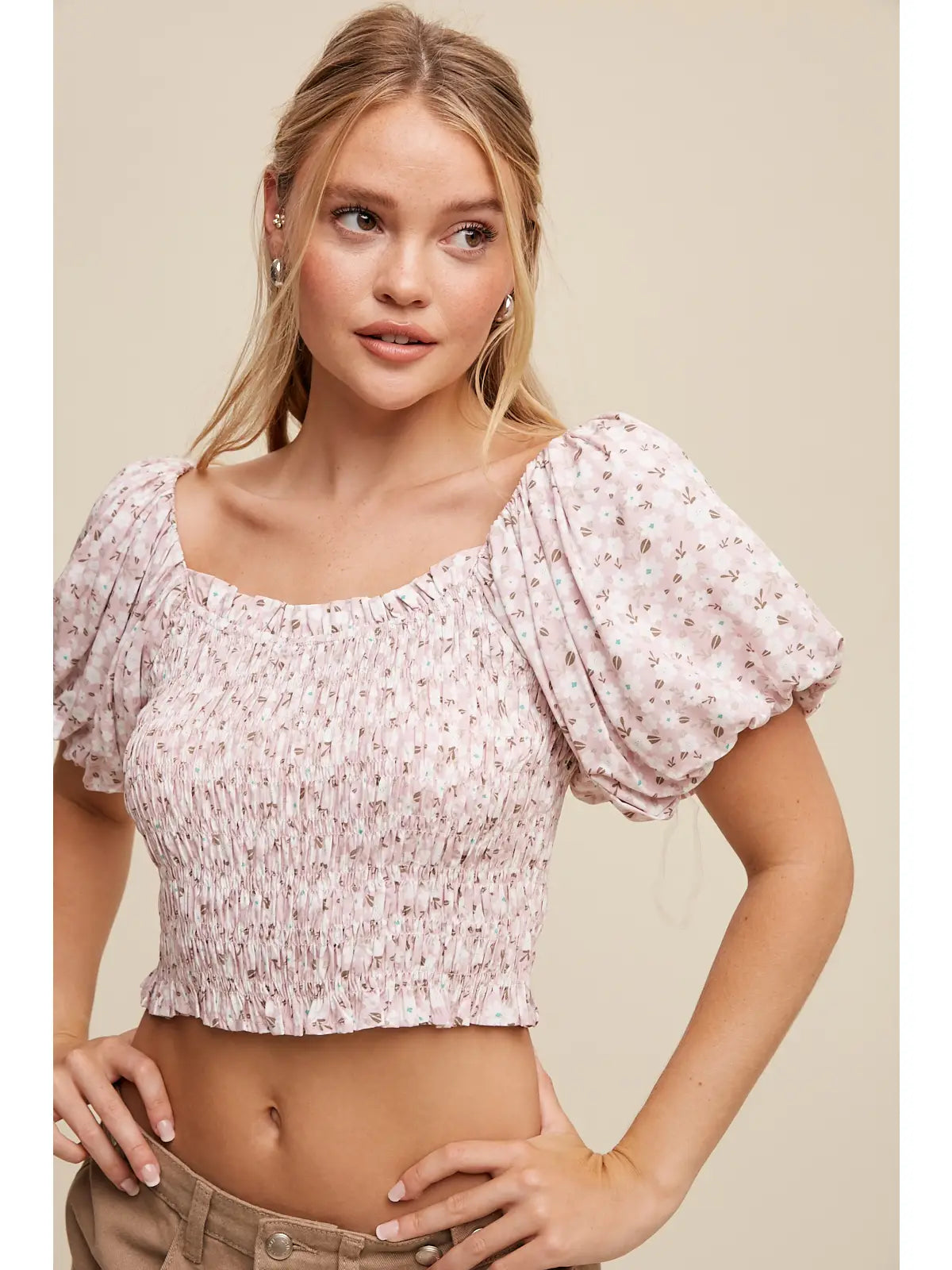 Smocked Puff Sleeve Crop Top