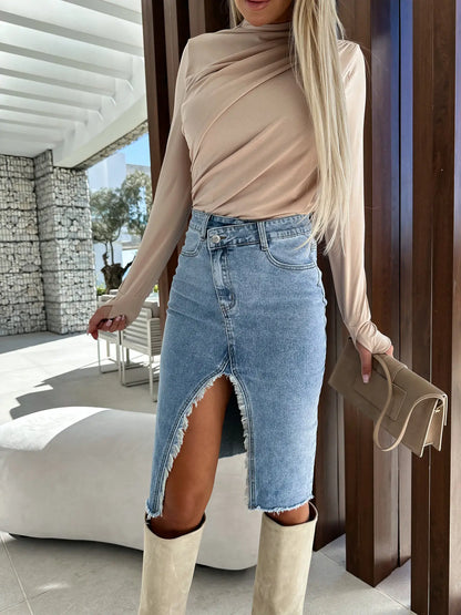 Solid Color Denim Split Skirt
