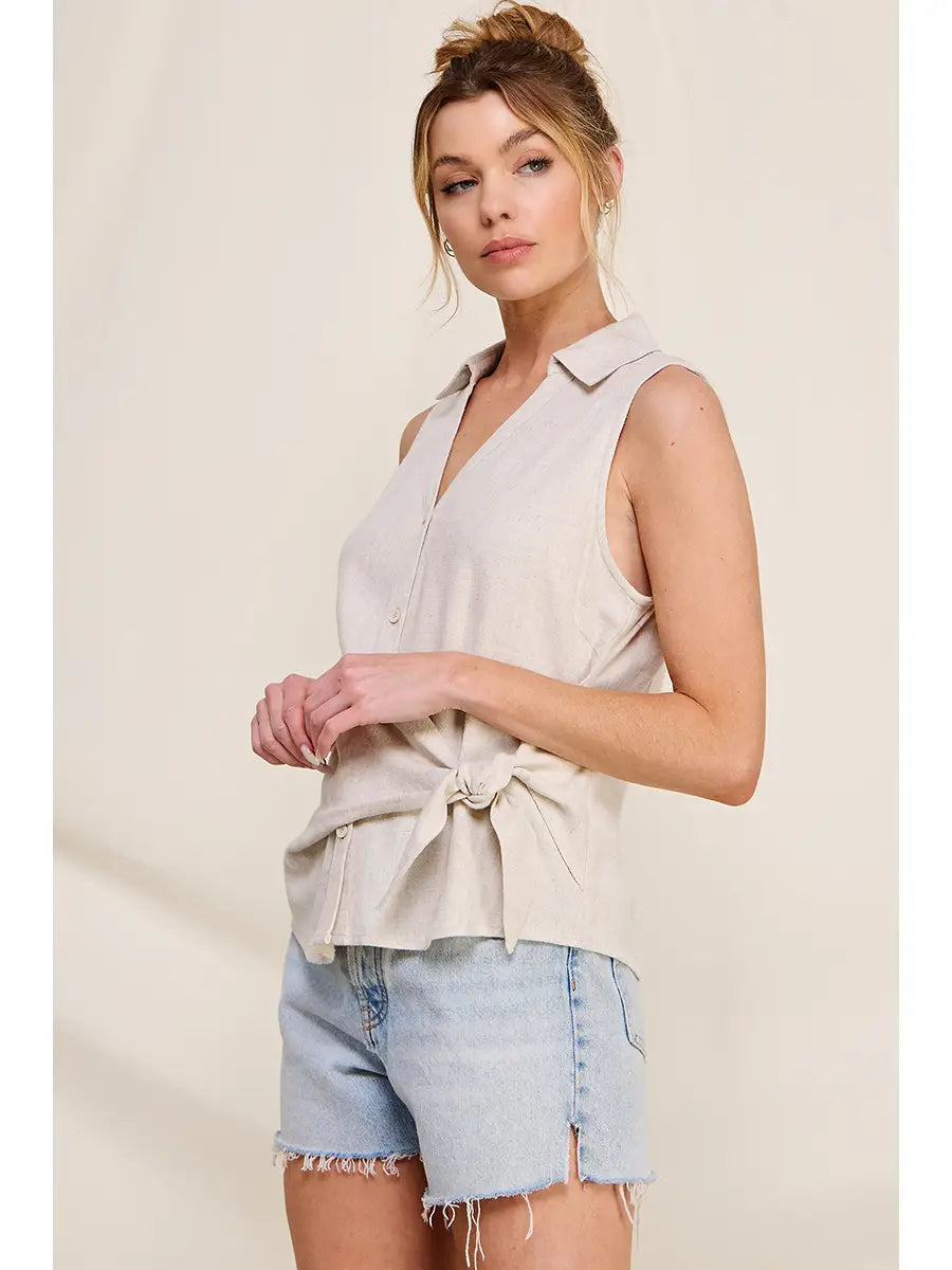 Sleeveless Collared Shirt with Tie