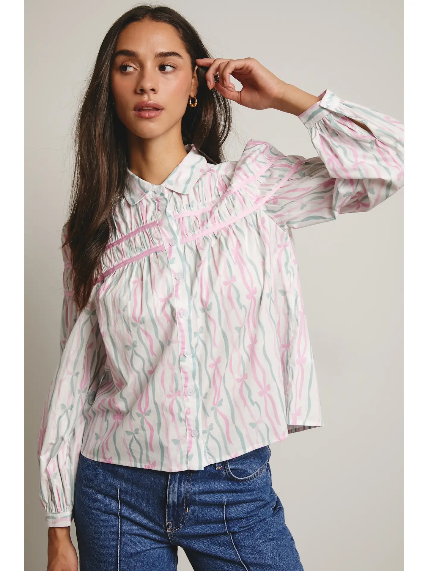 Ribbon Stripe Puff Sleeve Blouse