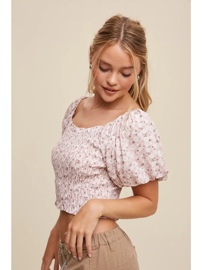 Smocked Puff Sleeve Crop Top
