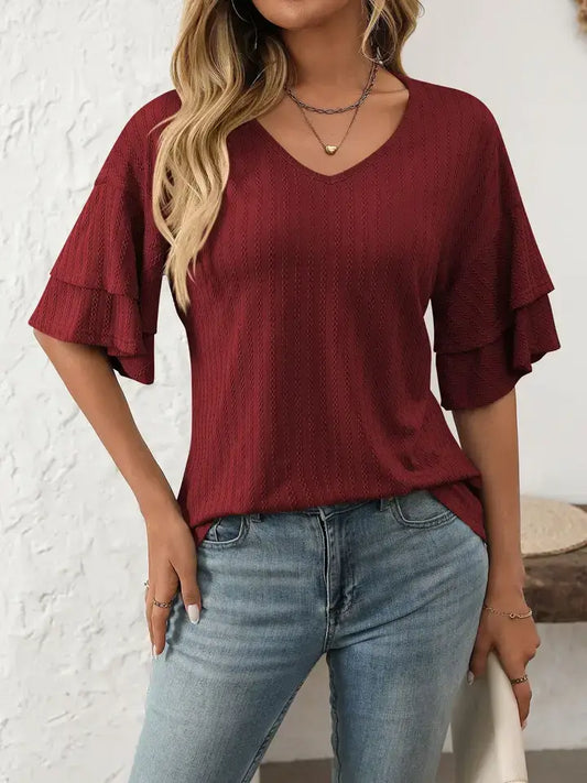 Solid V-Neck Ruffle Sleeve Short-Sleeve Top