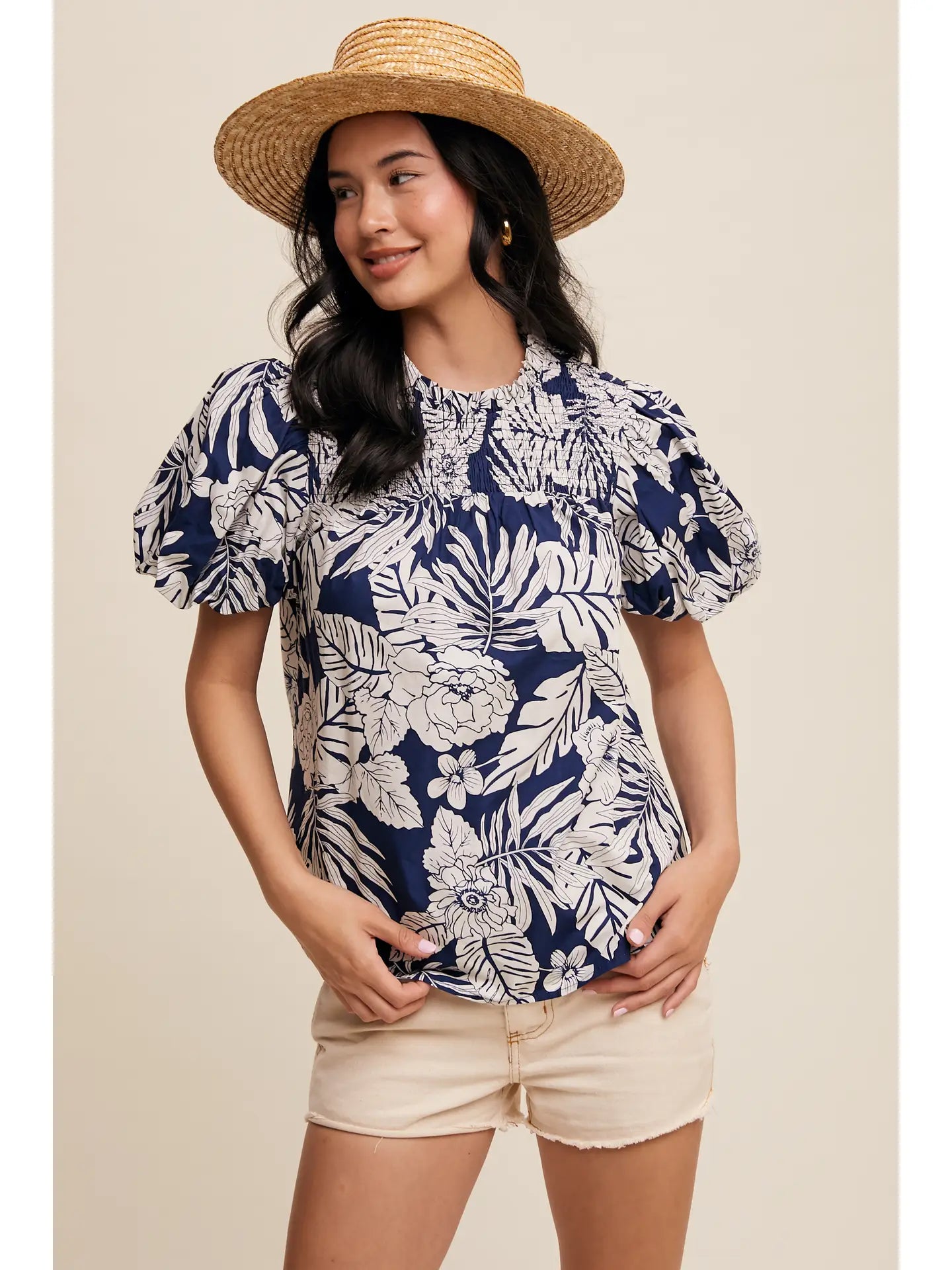 Smocked Puff-Sleeve Top