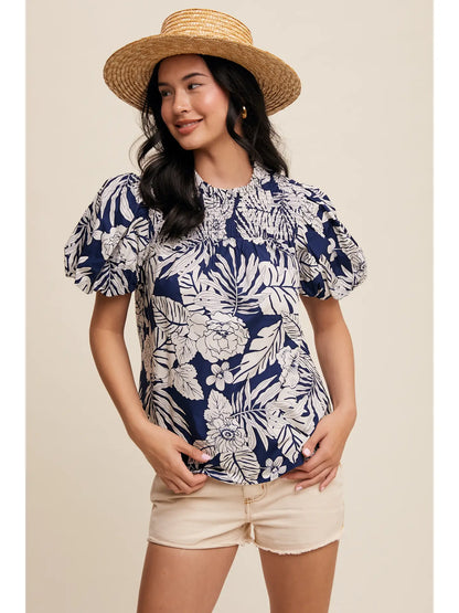 Smocked Puff-Sleeve Top