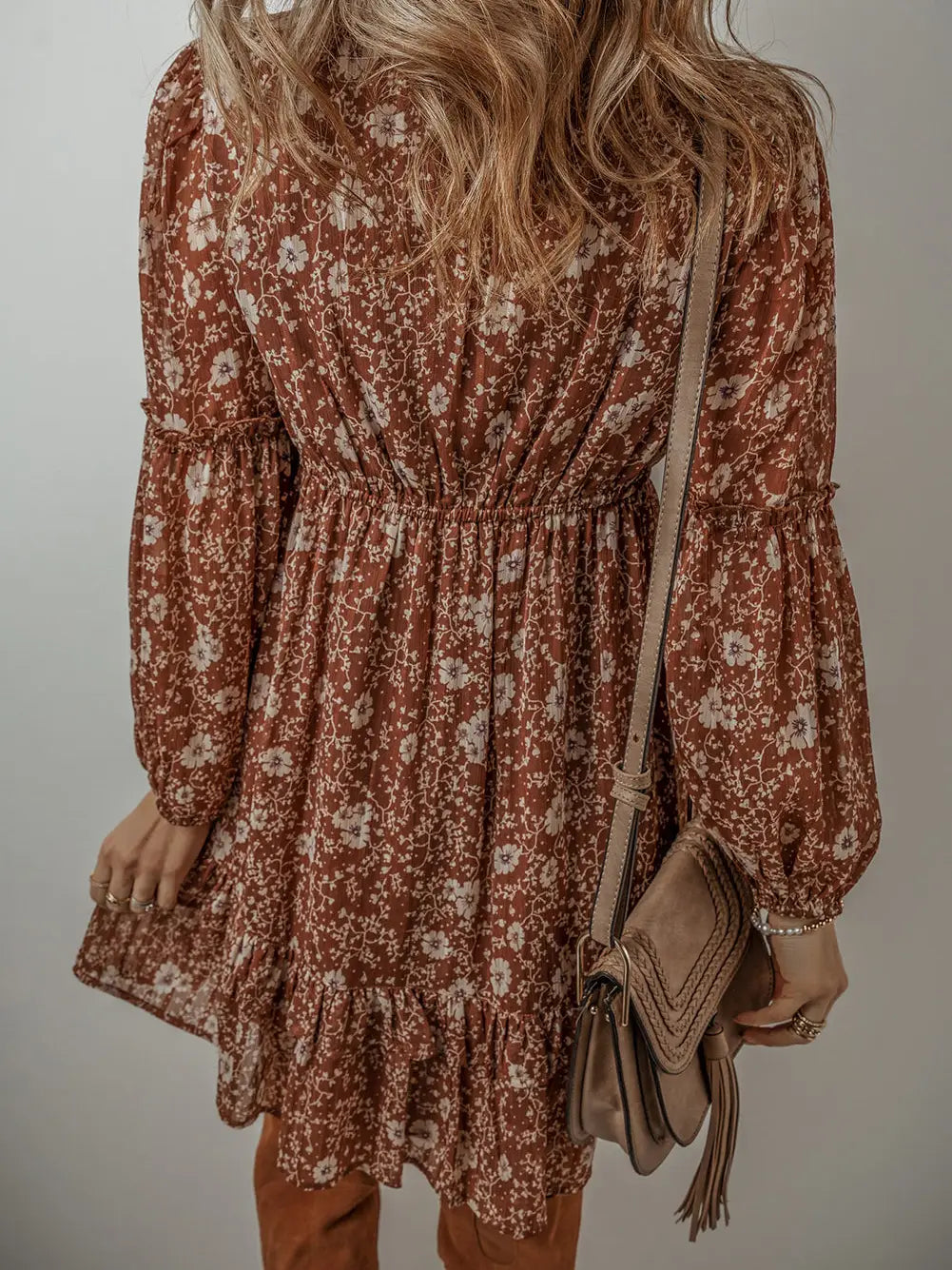 Brown Boho Floral Ruffled Puff Sleeve V Neck Mini Dress